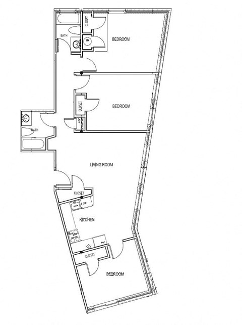 Floor plan for 3 beds, 2 baths